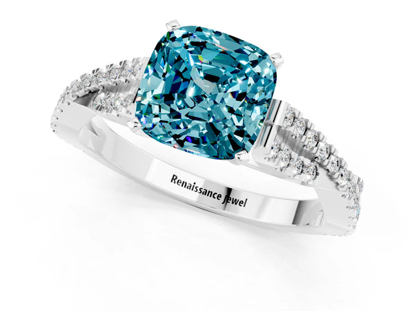 Platinum Cushion Cut Blue Topaz Solitaire Engagement Ring with Twisted Pavé Band and Four-Prong Setting