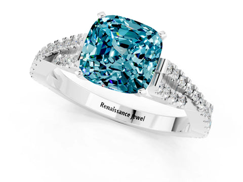 White gold Cushion Cut Blue Topaz Solitaire Engagement Ring with Twisted Pavé Band and Four-Prong Setting_13