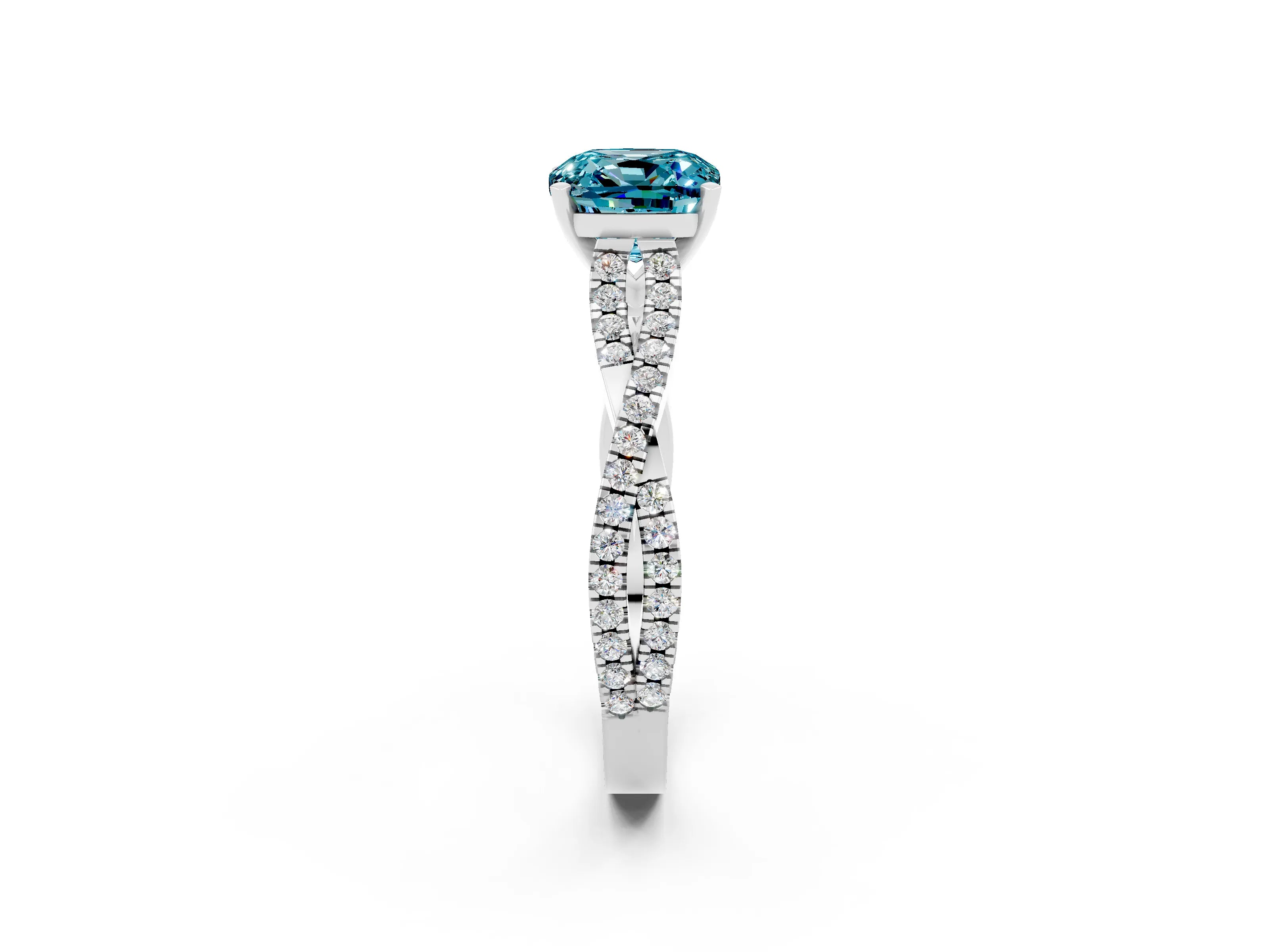 White gold Cushion Cut Blue Topaz Solitaire Engagement Ring with Twisted Pavé Band and Four-Prong Setting_14