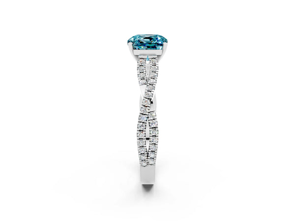 Platinum Cushion Cut Blue Topaz Solitaire Engagement Ring with Twisted Pavé Band and Four-Prong Setting
