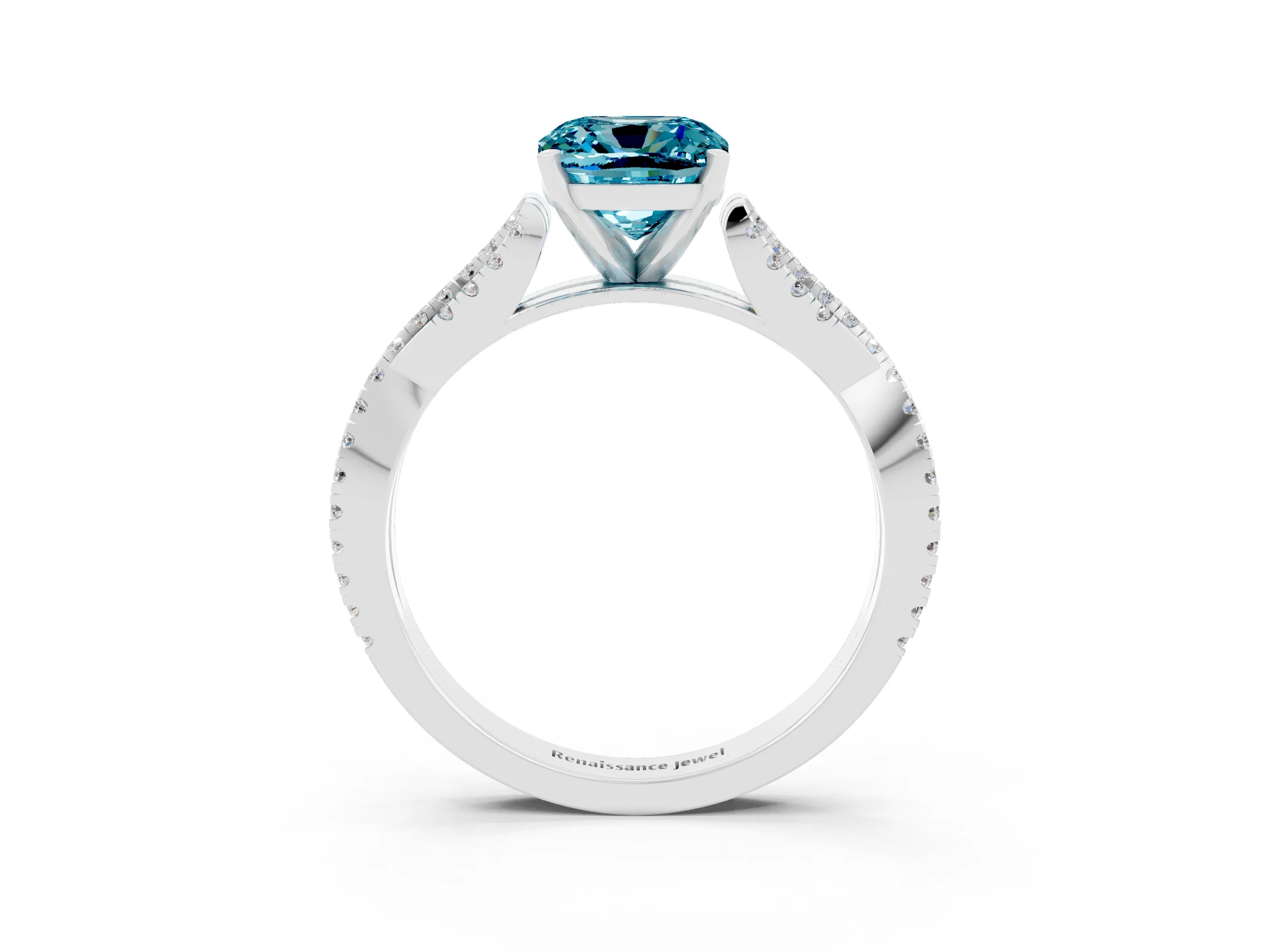 White gold Cushion Cut Blue Topaz Solitaire Engagement Ring with Twisted Pavé Band and Four-Prong Setting_15