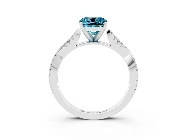 White gold Cushion Cut Blue Topaz Solitaire Engagement Ring with Twisted Pavé Band and Four-Prong Setting