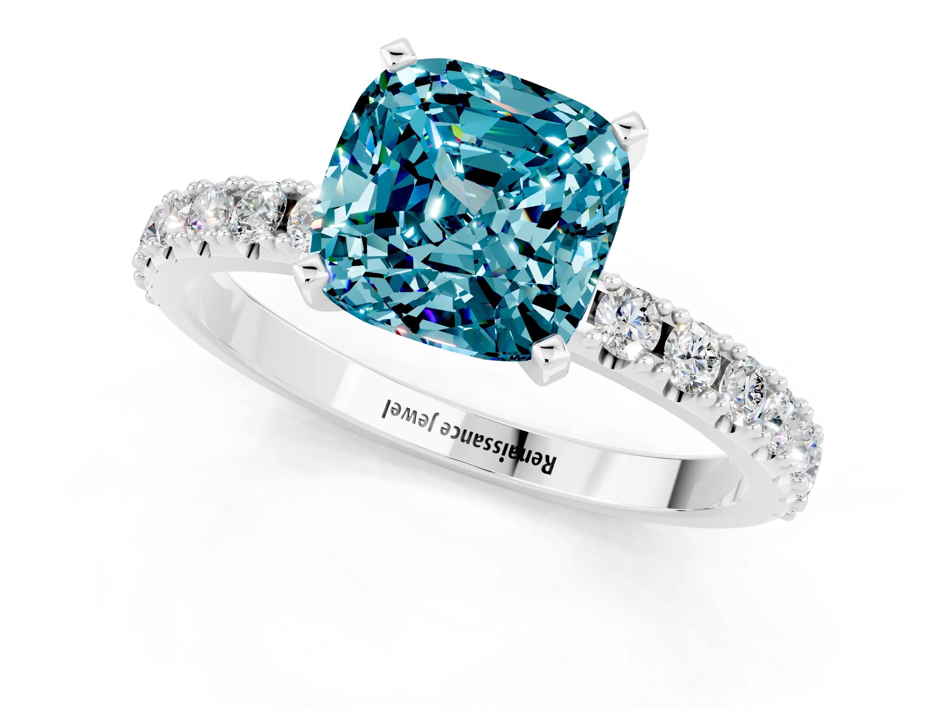 White gold Cushion Cut Blue Topaz Solitaire Pavé Band with Four-Prong Setting_1