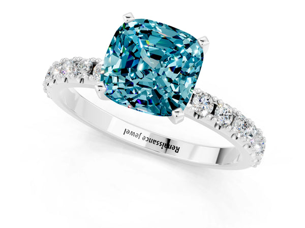 Platinum Cushion Cut Blue Topaz Solitaire Pavé Band with Four-Prong Setting