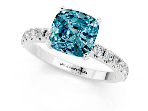 White gold Cushion Cut Blue Topaz Solitaire Pavé Band with Four-Prong Setting_1