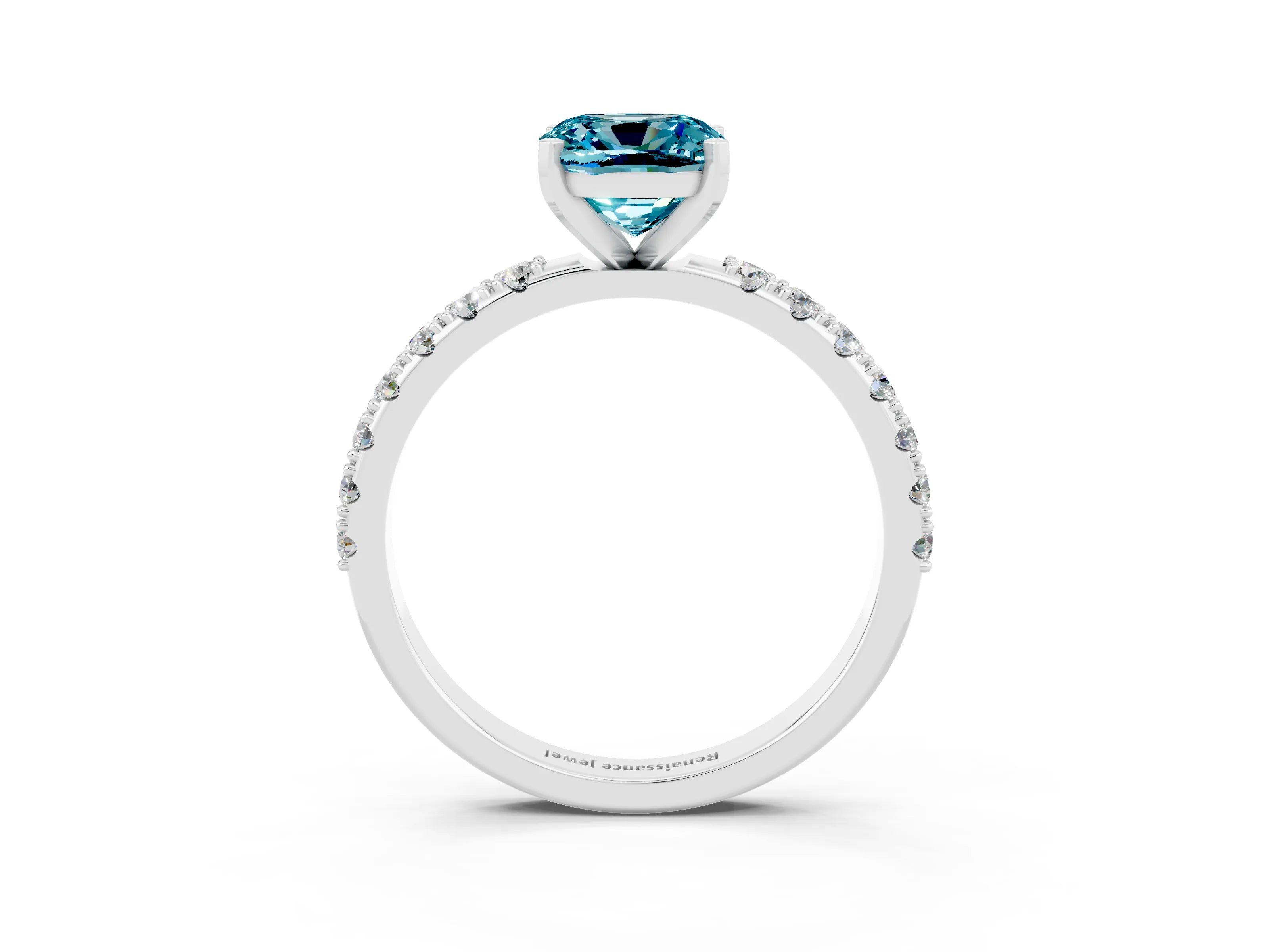 White gold Cushion Cut Blue Topaz Solitaire Pavé Band with Four-Prong Setting_3