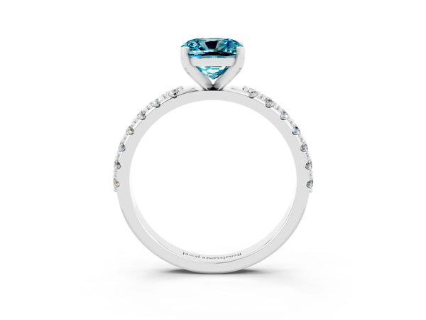 Silver Cushion Cut Blue Topaz Solitaire Pavé Band with Four-Prong Setting