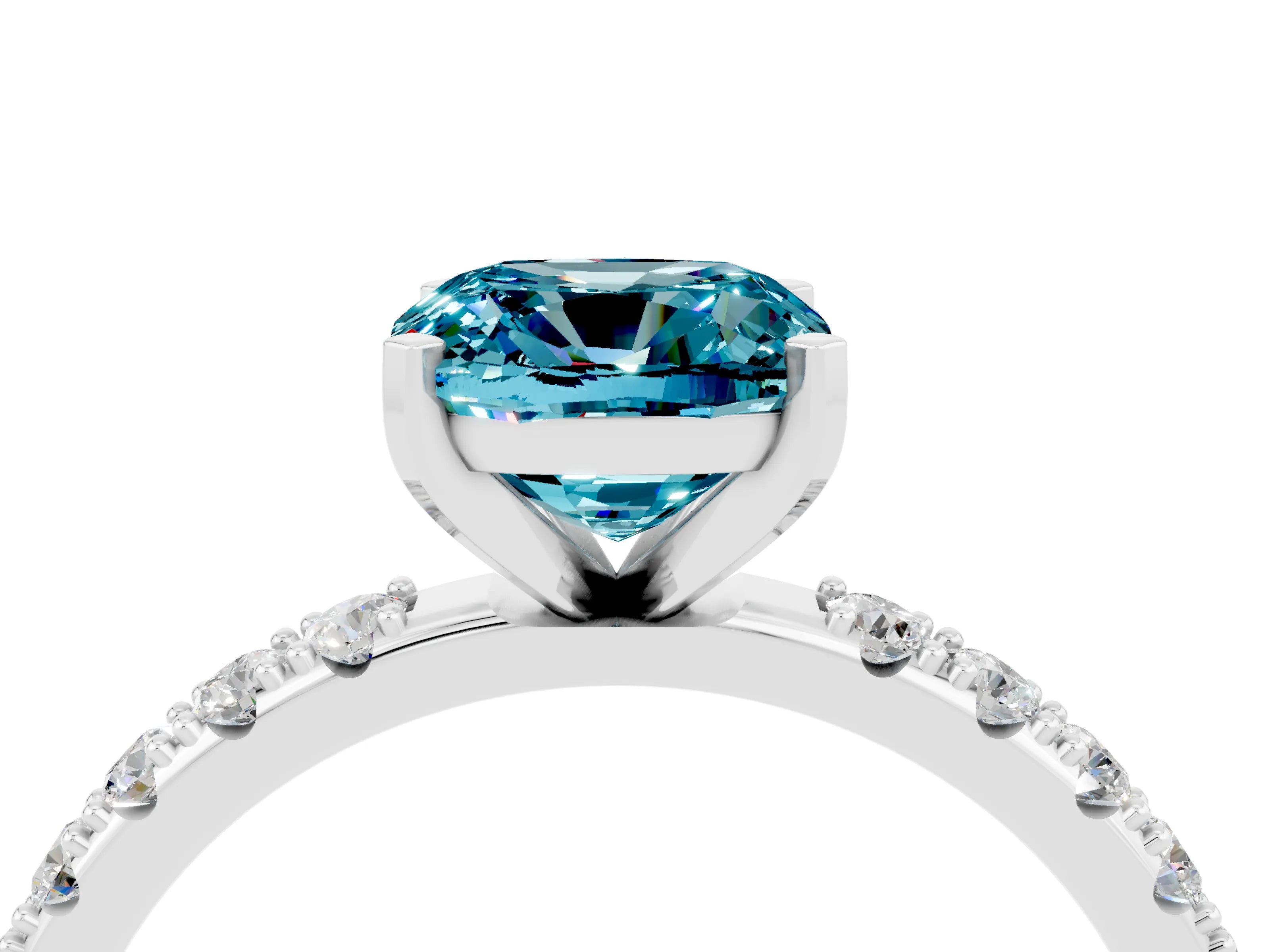 White gold Cushion Cut Blue Topaz Solitaire Pavé Band with Four-Prong Setting_4