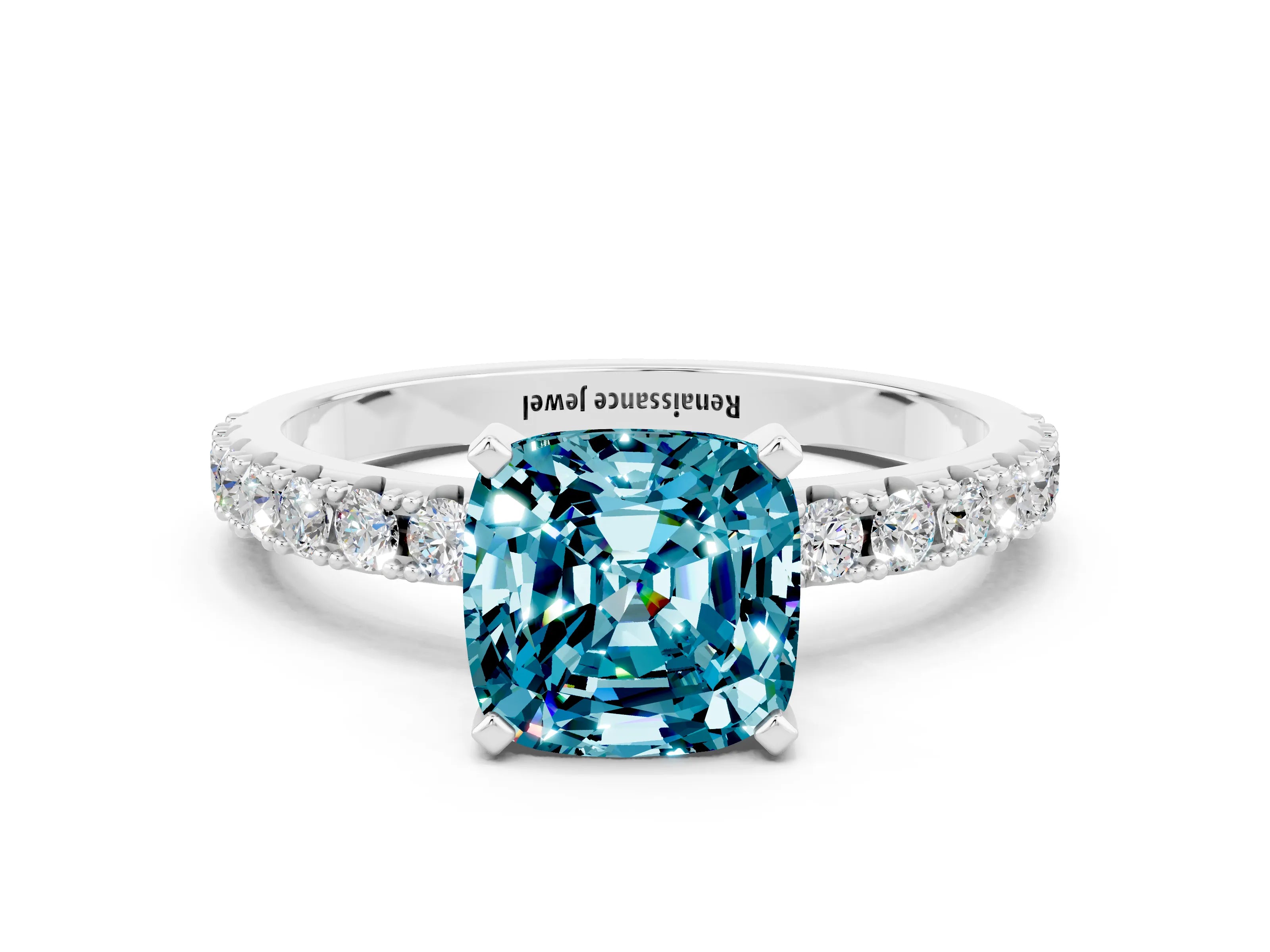White gold Cushion Cut Blue Topaz Solitaire Pavé Band with Four-Prong Setting