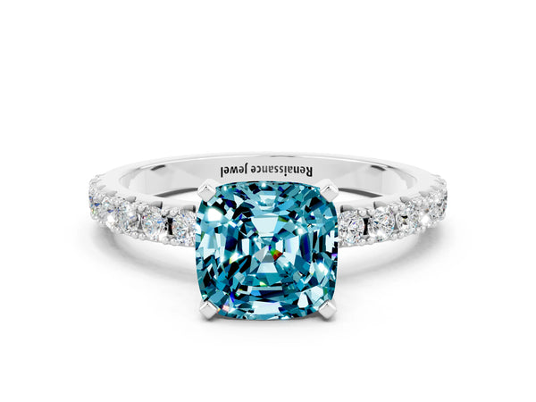 White gold Cushion Cut Blue Topaz Solitaire Pavé Band with Four-Prong Setting