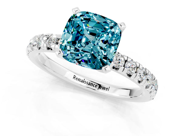 Platinum Cushion Cut Blue Topaz Solitaire Pavé Engagement Ring with Round Band and Prong Setting