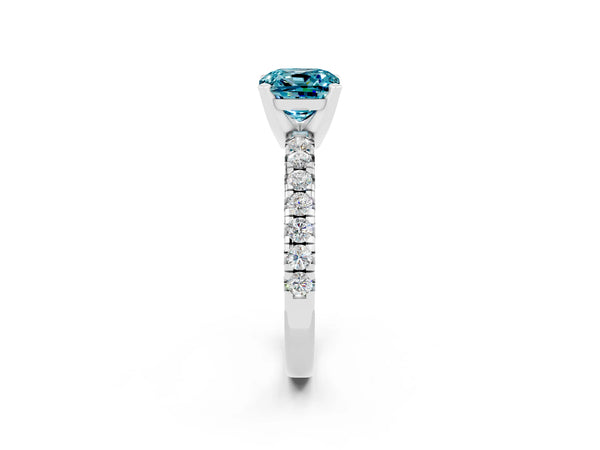 Platinum Cushion Cut Blue Topaz Solitaire Pavé Engagement Ring with Round Band and Prong Setting