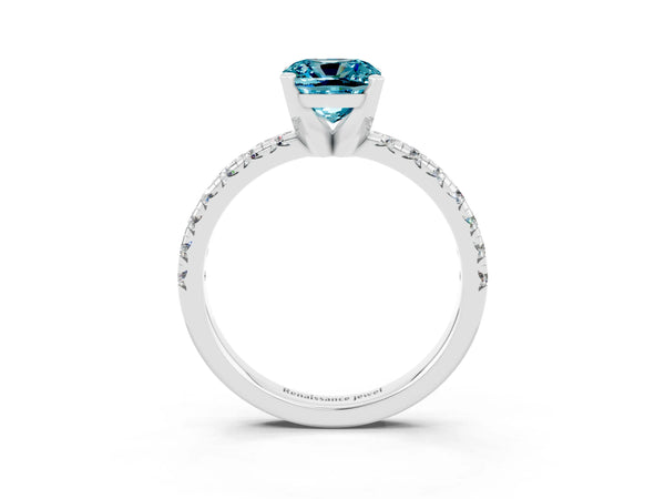 Platinum Cushion Cut Blue Topaz Solitaire Pavé Engagement Ring with Round Band and Prong Setting