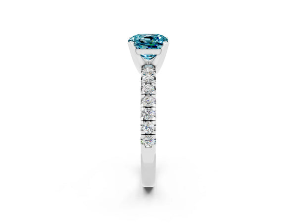 Platinum Cushion Cut Blue Topaz Solitaire Pavé Engagement Ring with Round Band and Prong Setting