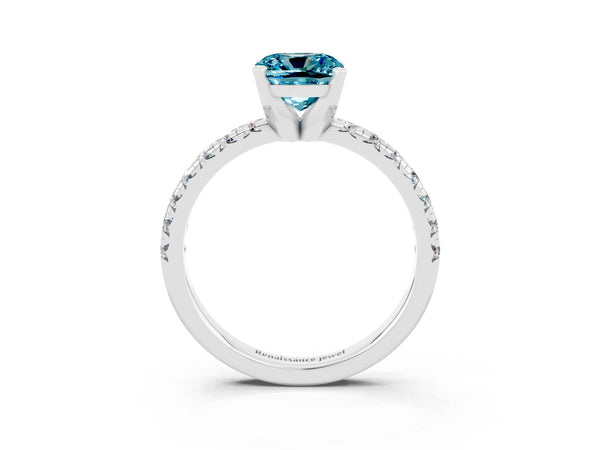 Platinum Cushion Cut Blue Topaz Solitaire Pavé Engagement Ring with Round Band and Prong Setting