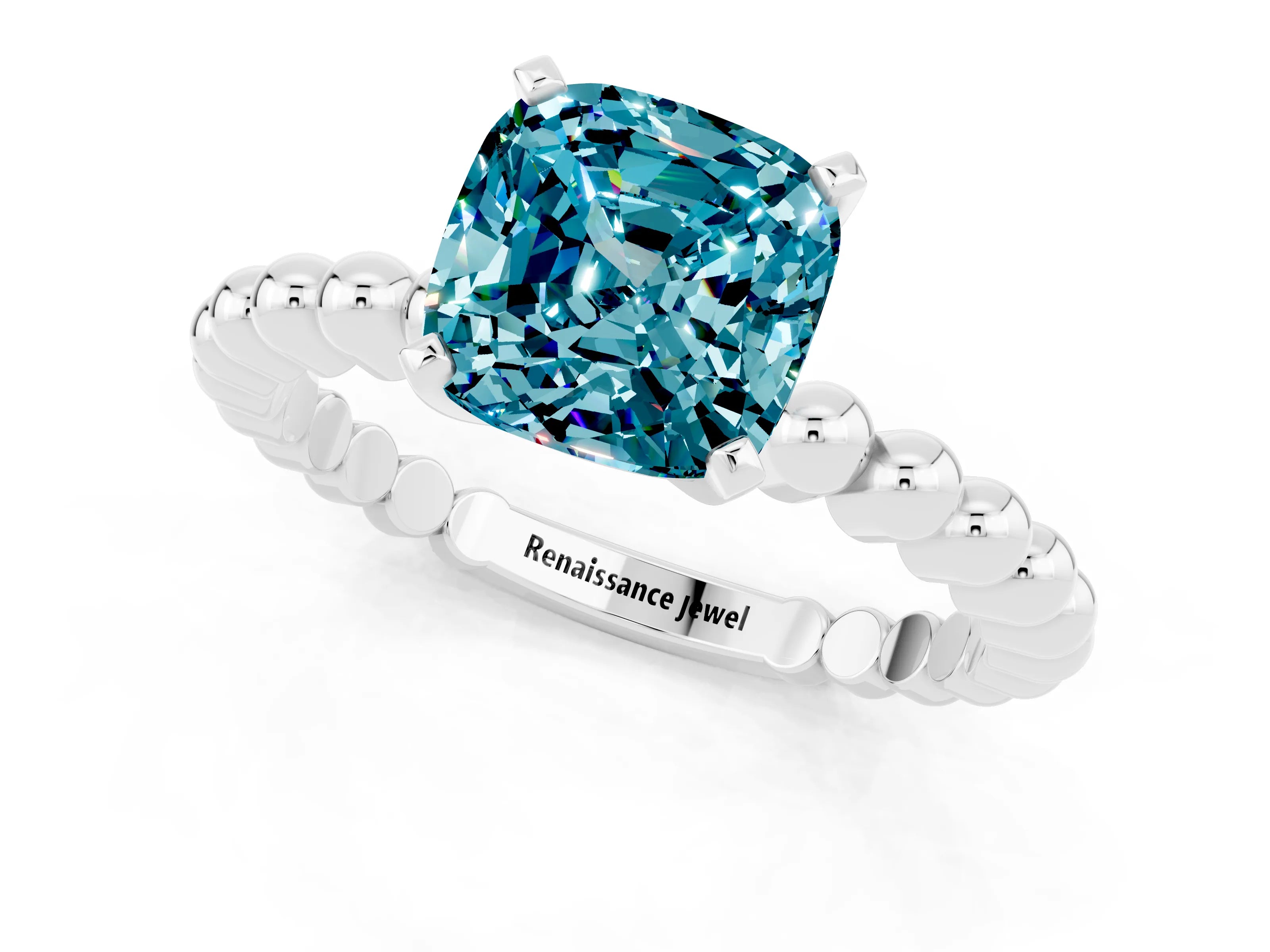 White gold Cushion Cut Blue Topaz Solitaire Ring with Beaded Band and Prong Setting_1