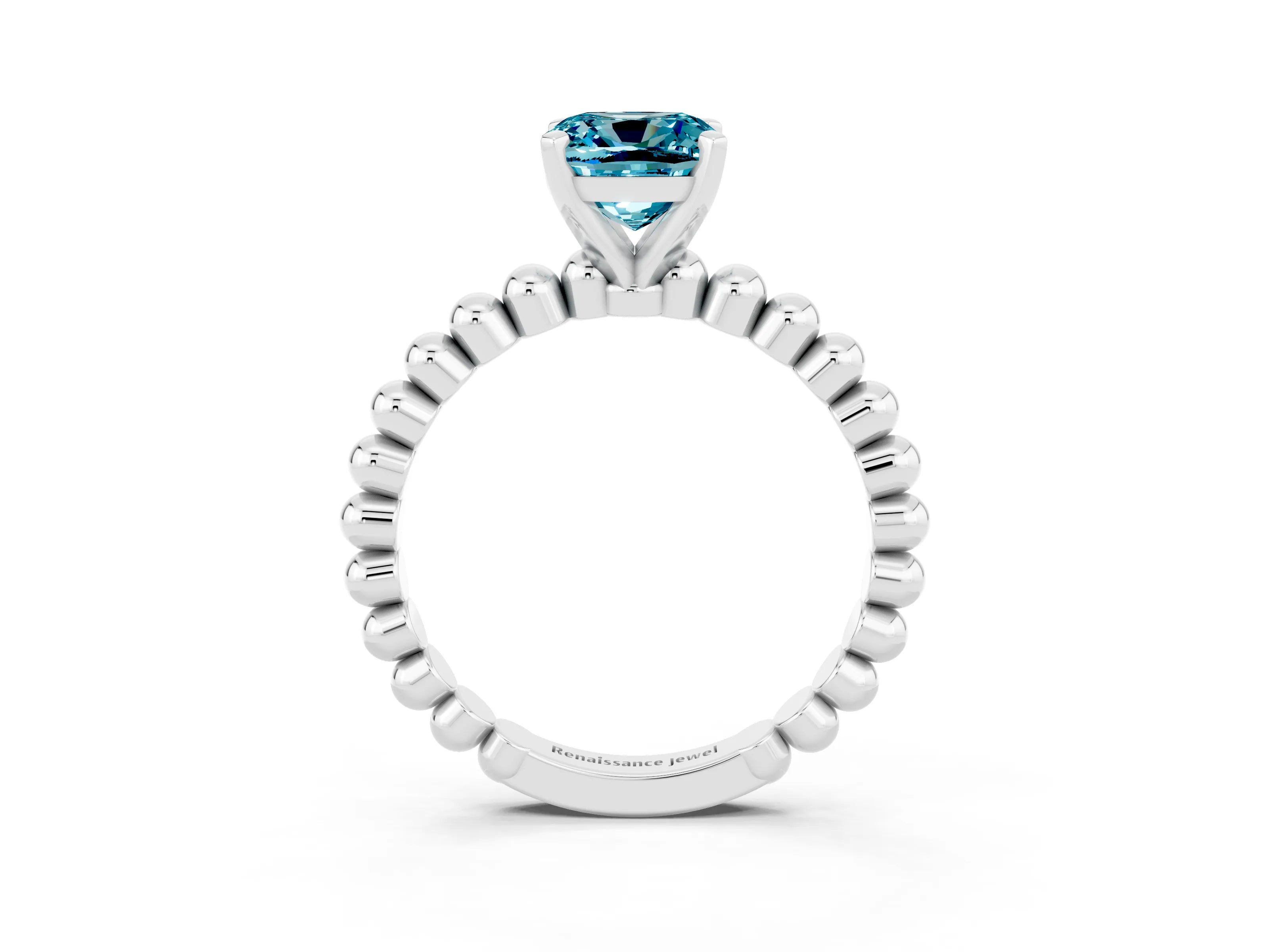 White gold Cushion Cut Blue Topaz Solitaire Ring with Beaded Band and Prong Setting_15