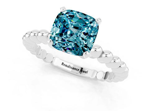 White gold Cushion Cut Blue Topaz Solitaire Ring with Beaded Band and Prong Setting_1