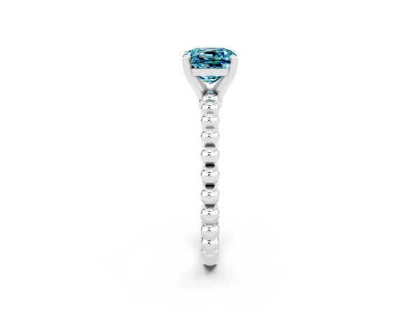 Platinum Cushion Cut Blue Topaz Solitaire Ring with Beaded Band and Prong Setting