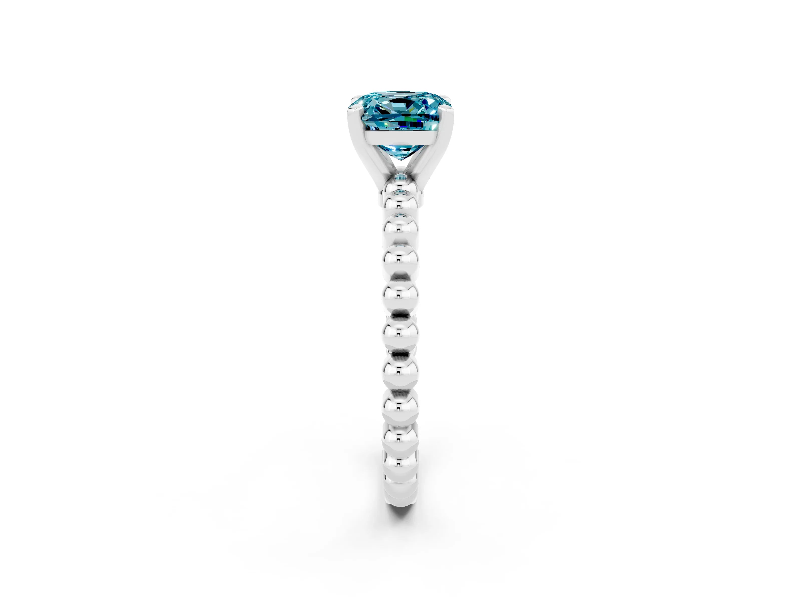 White gold Cushion Cut Blue Topaz Solitaire Ring with Beaded Band and Prong Setting_2
