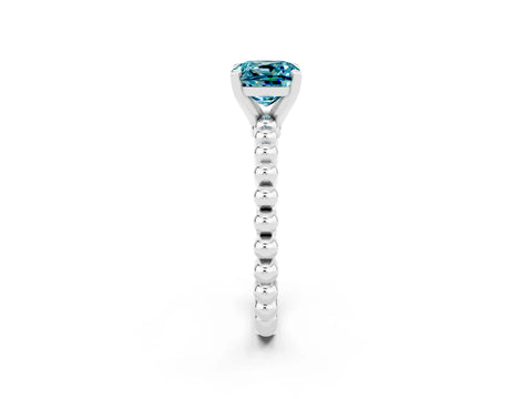 White gold Cushion Cut Blue Topaz Solitaire Ring with Beaded Band and Prong Setting_2