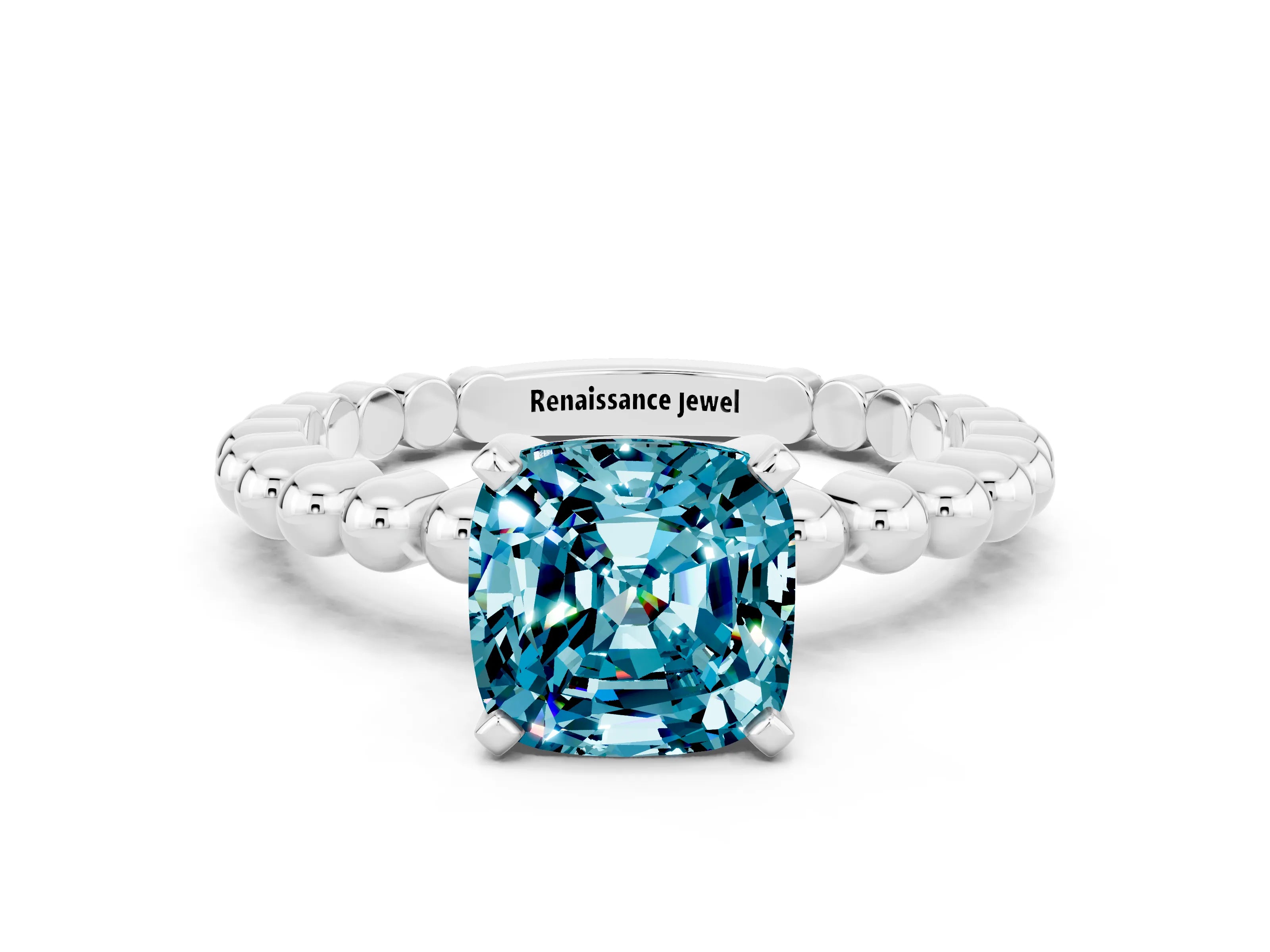 White gold Cushion Cut Blue Topaz Solitaire Ring with Beaded Band and Prong Setting