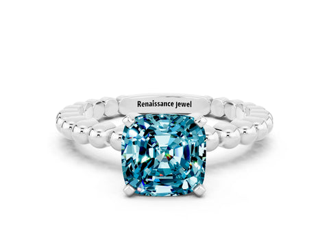 White gold Cushion Cut Blue Topaz Solitaire Ring with Beaded Band and Prong Setting