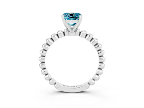 White gold Cushion Cut Blue Topaz Solitaire Ring with Beaded Band and Prong Setting_3