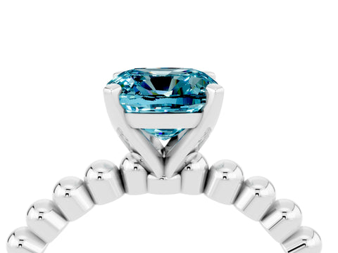 White gold Cushion Cut Blue Topaz Solitaire Ring with Beaded Band and Prong Setting_4