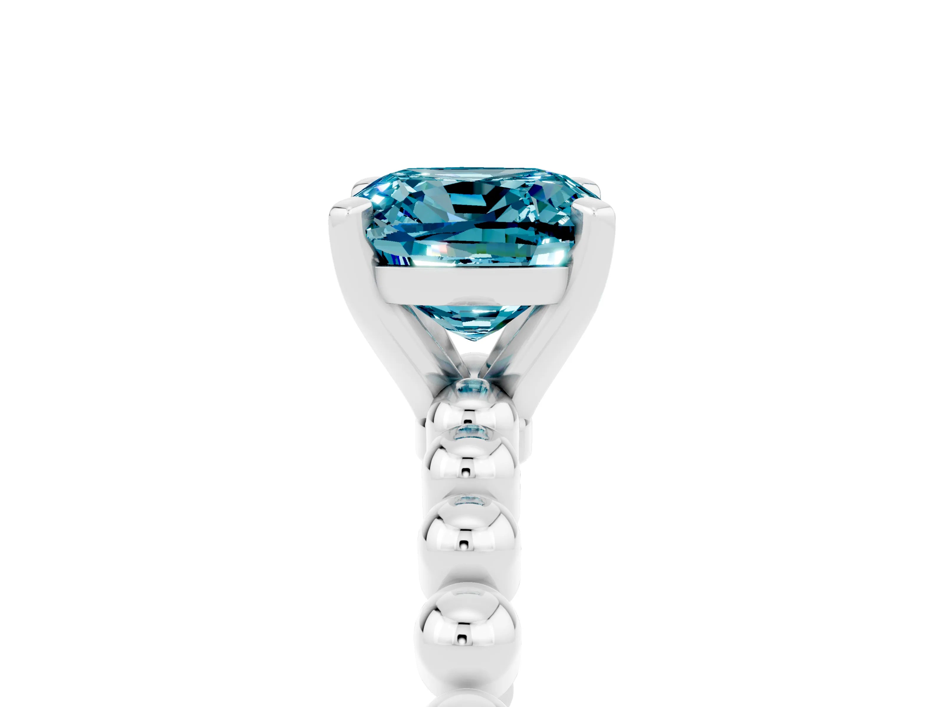 White gold Cushion Cut Blue Topaz Solitaire Ring with Beaded Band and Prong Setting_5
