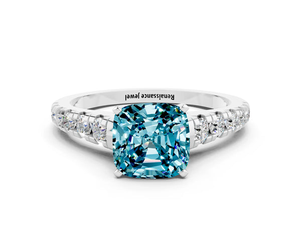 Platinum Cushion Cut Blue Topaz Cathedral Solitaire Ring with Round  Pavé Band