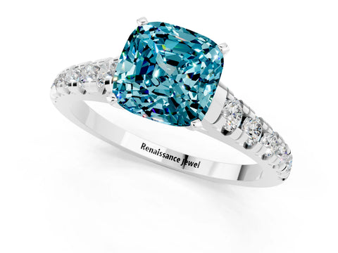 White gold Cushion Cut Blue Topaz Solitaire Ring with Cathedral Setting and Pavé Band_1