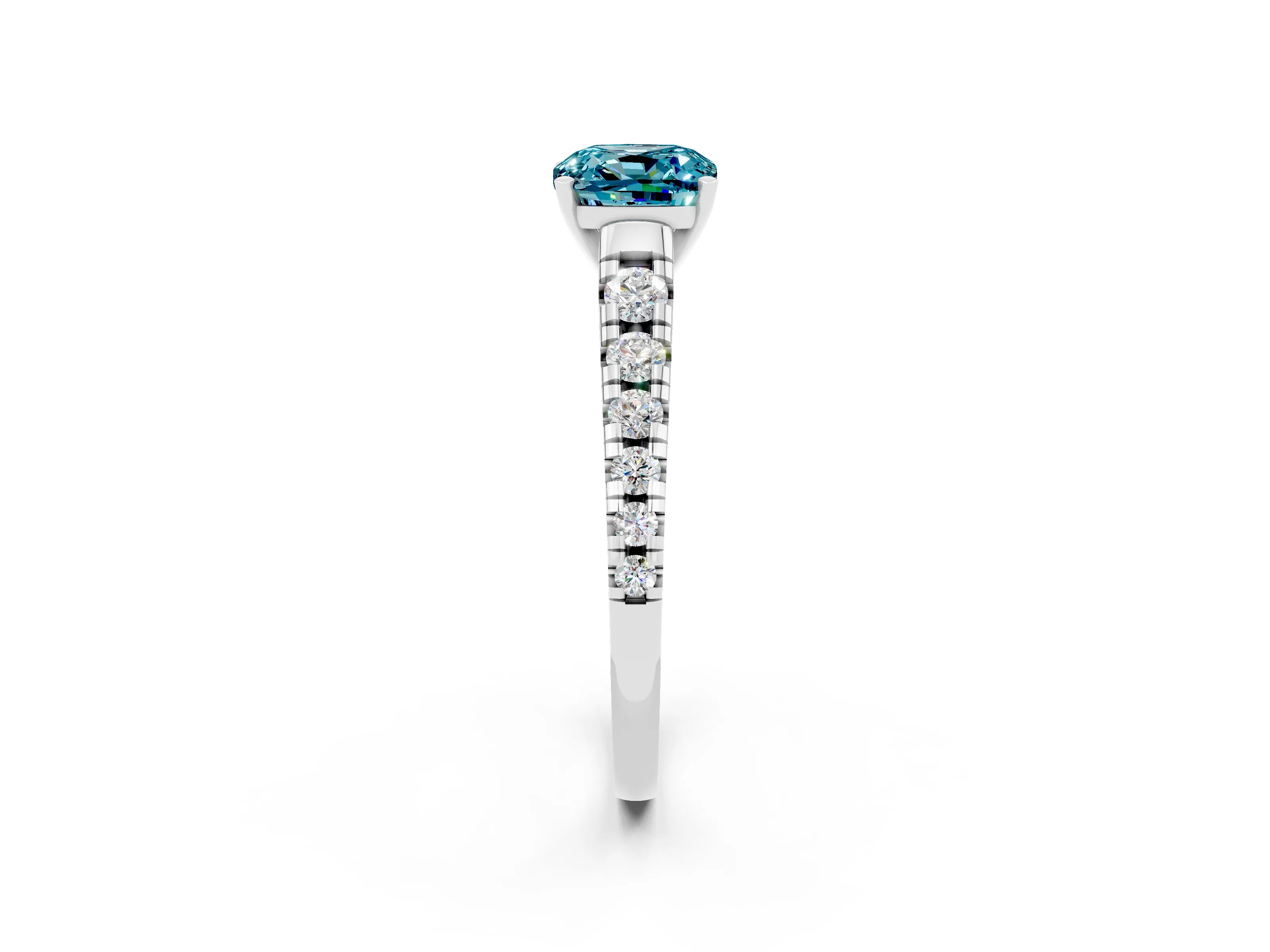 White gold Cushion Cut Blue Topaz Solitaire Ring with Cathedral Setting and Pavé Band_2