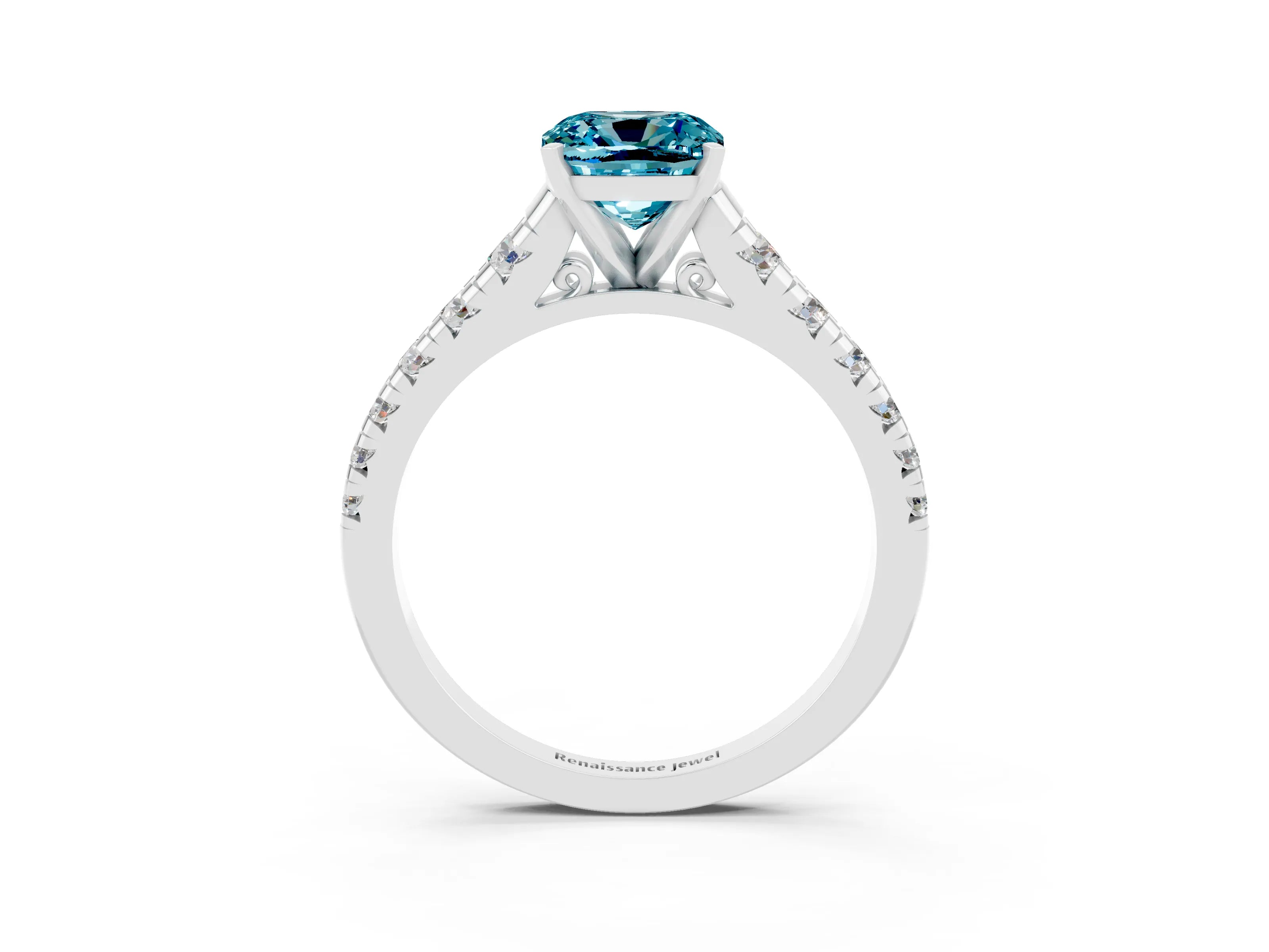 White gold Cushion Cut Blue Topaz Solitaire Ring with Cathedral Setting and Pavé Band_3