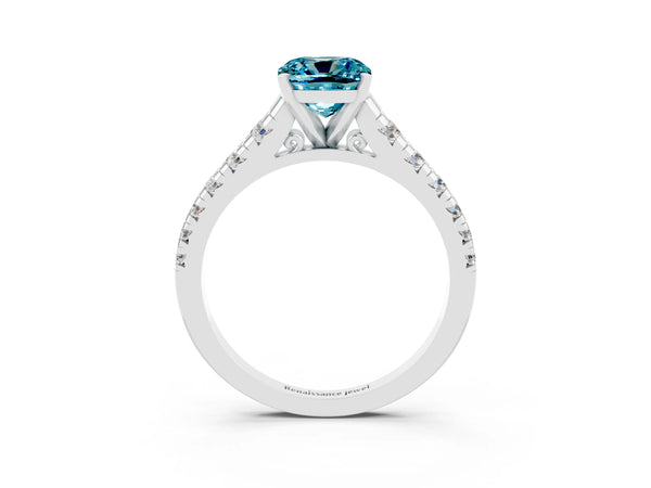 Platinum Cushion Cut Blue Topaz Cathedral Solitaire Ring with Round  Pavé Band