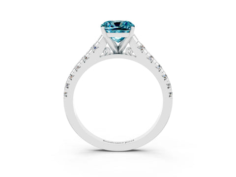 White gold Cushion Cut Blue Topaz Solitaire Ring with Cathedral Setting and Pavé Band_3