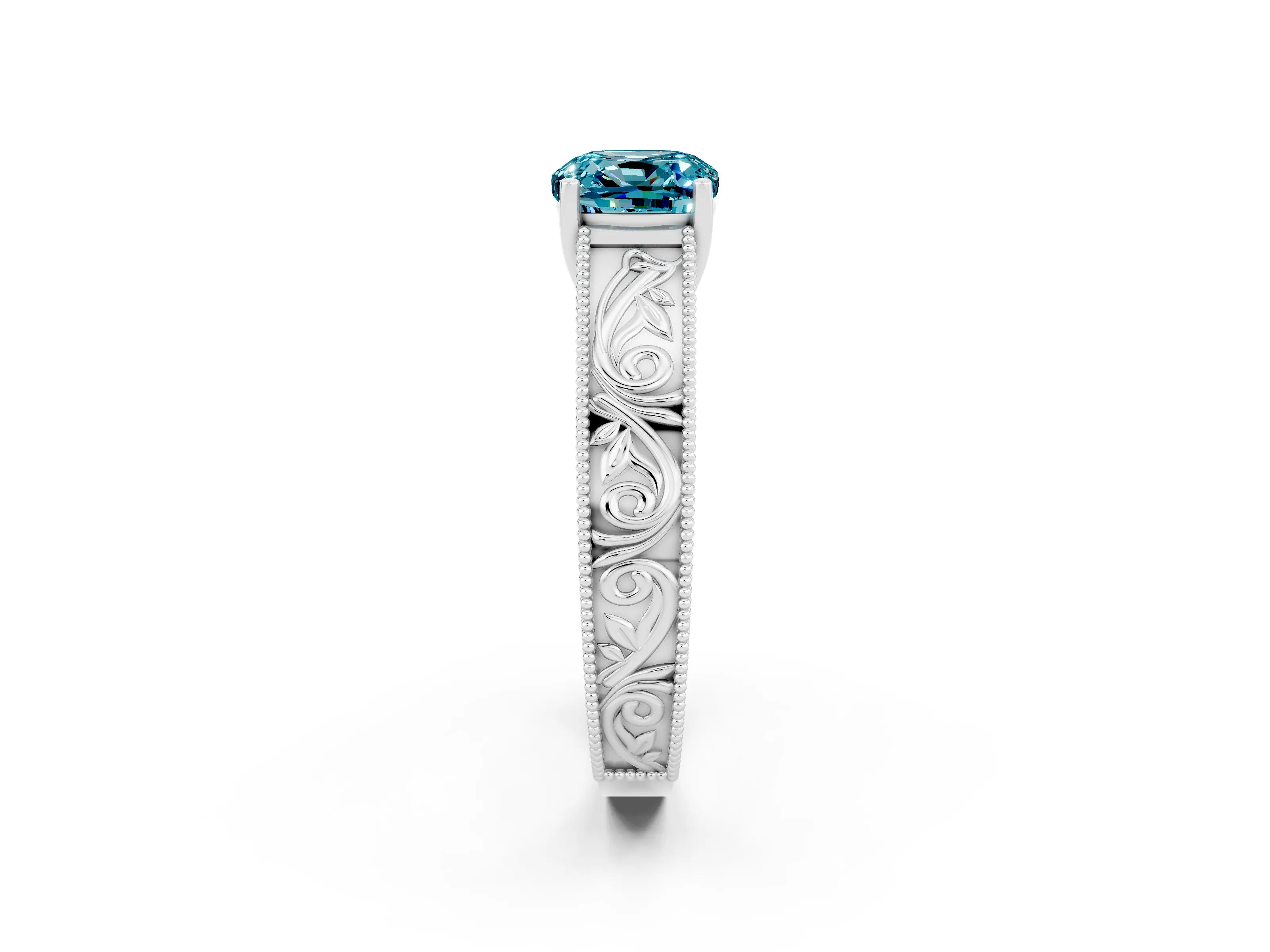 White gold Cushion Cut Blue Topaz Solitaire Ring with Engraved Band and Four-Prong Setting_2