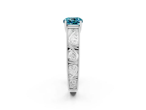 White gold Cushion Cut Blue Topaz Solitaire Ring with Engraved Band and Four-Prong Setting_2