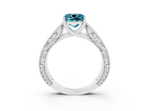 White gold Cushion Cut Blue Topaz Solitaire Ring with Engraved Band and Four-Prong Setting_3