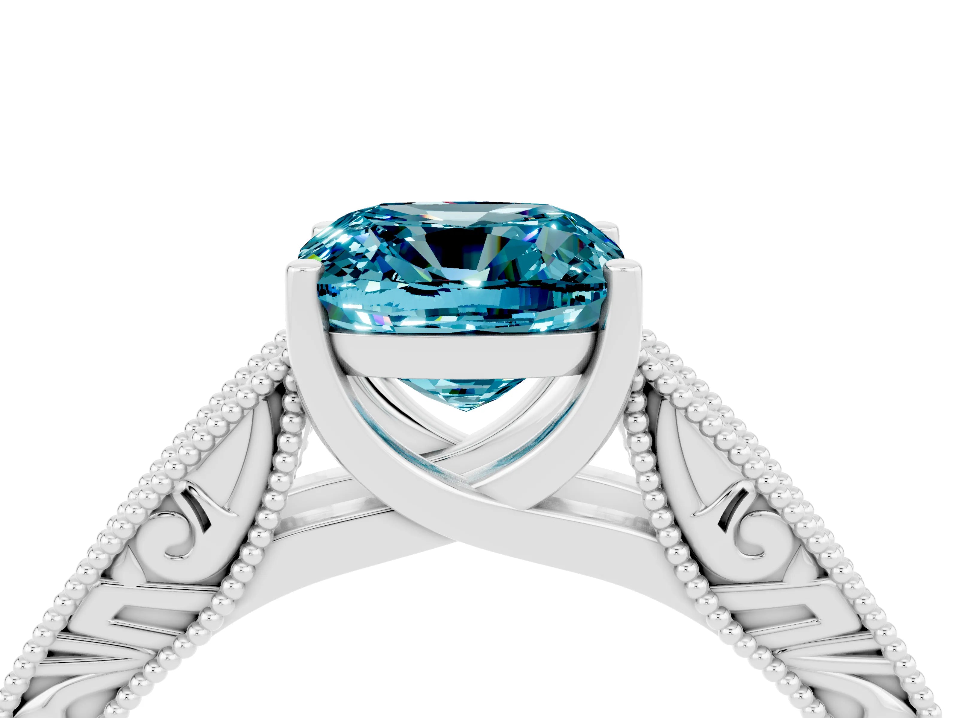 White gold Cushion Cut Blue Topaz Solitaire Ring with Engraved Band and Four-Prong Setting_4