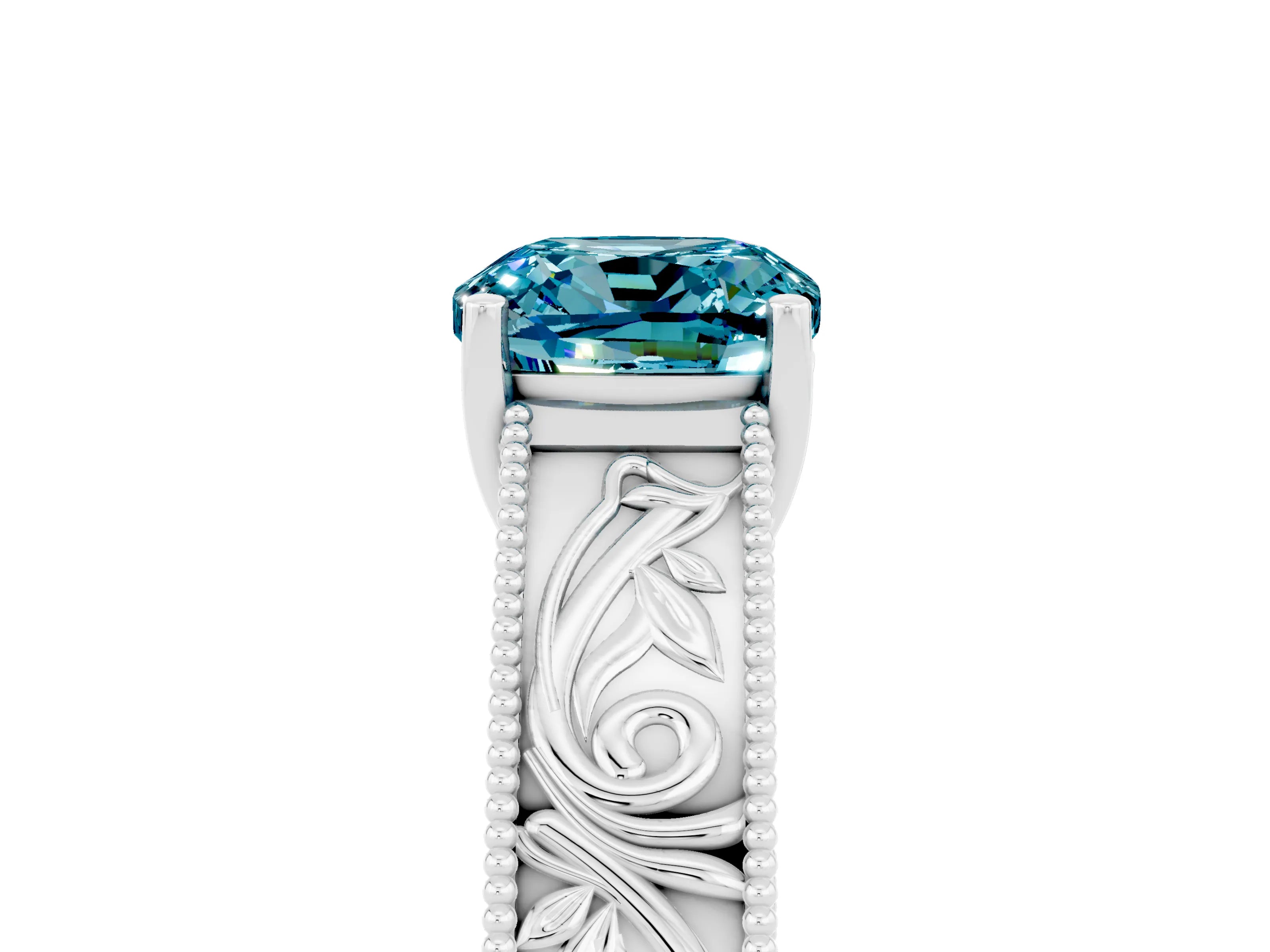 White gold Cushion Cut Blue Topaz Solitaire Ring with Engraved Band and Four-Prong Setting_5