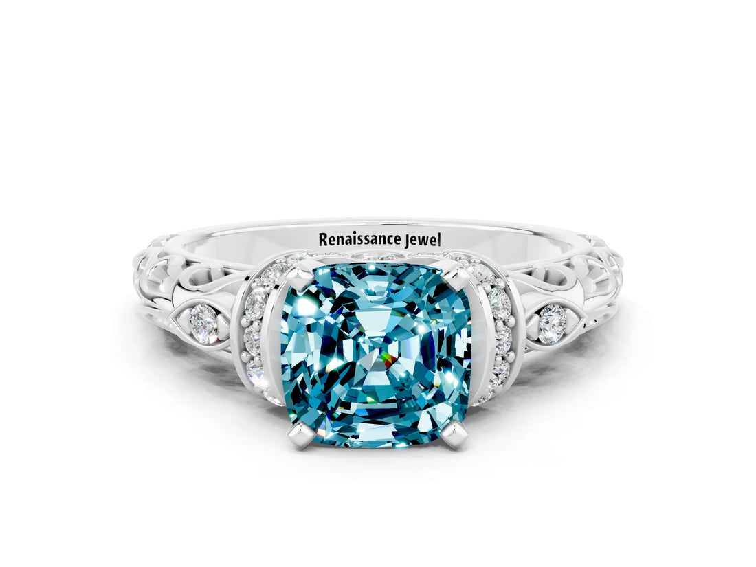 White gold Cushion Cut Blue Topaz Solitaire Ring with Filigree Band and Four-Prong Setting_24
