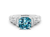White gold Cushion Cut Blue Topaz Solitaire Ring with Filigree Band and Four-Prong Setting_24