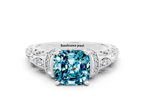 White gold Cushion Cut Blue Topaz Solitaire Ring with Filigree Band and Four-Prong Setting_24