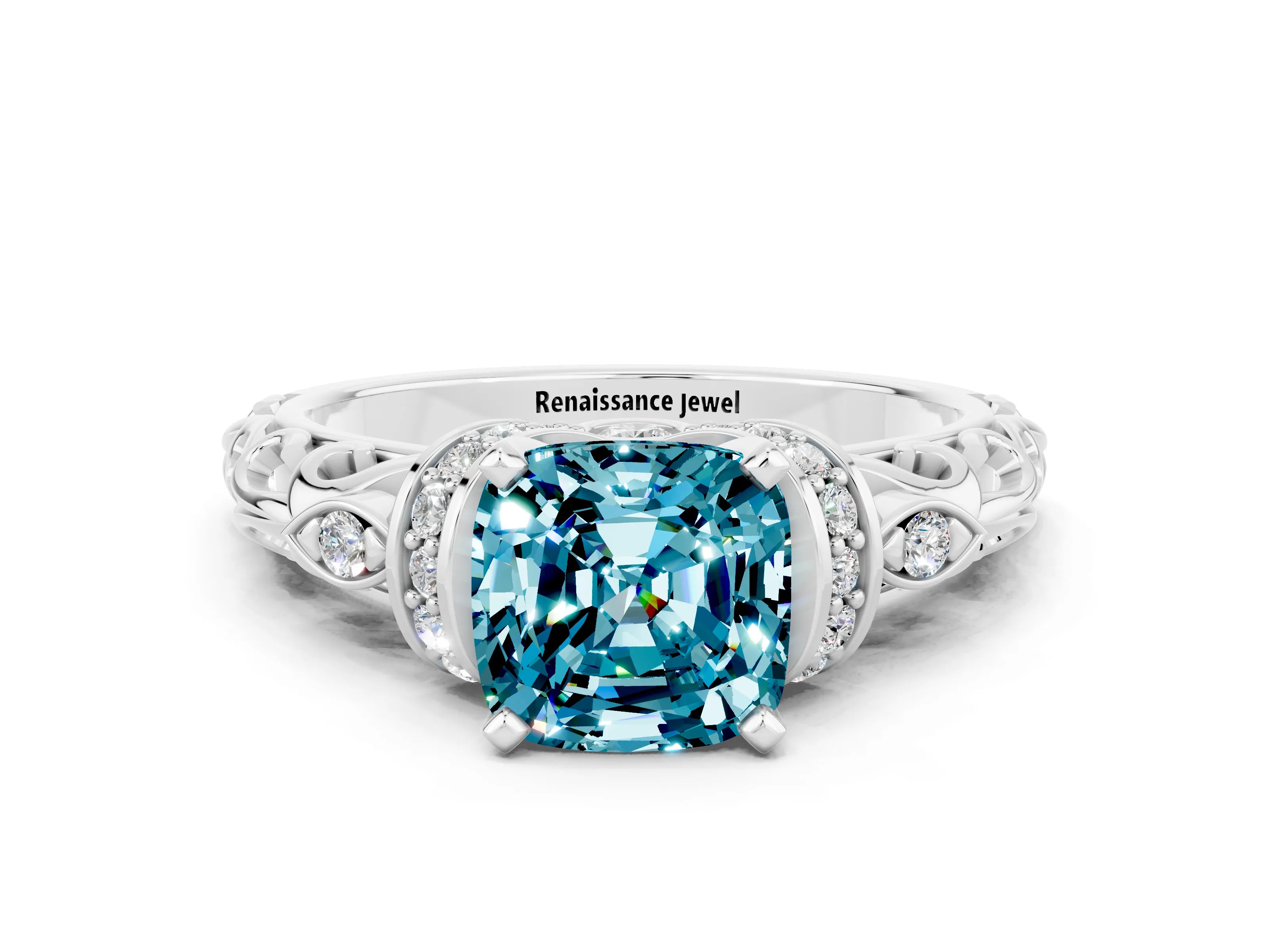 White gold Cushion Cut Blue Topaz Solitaire Ring with Filigree Band and Four-Prong Setting_24