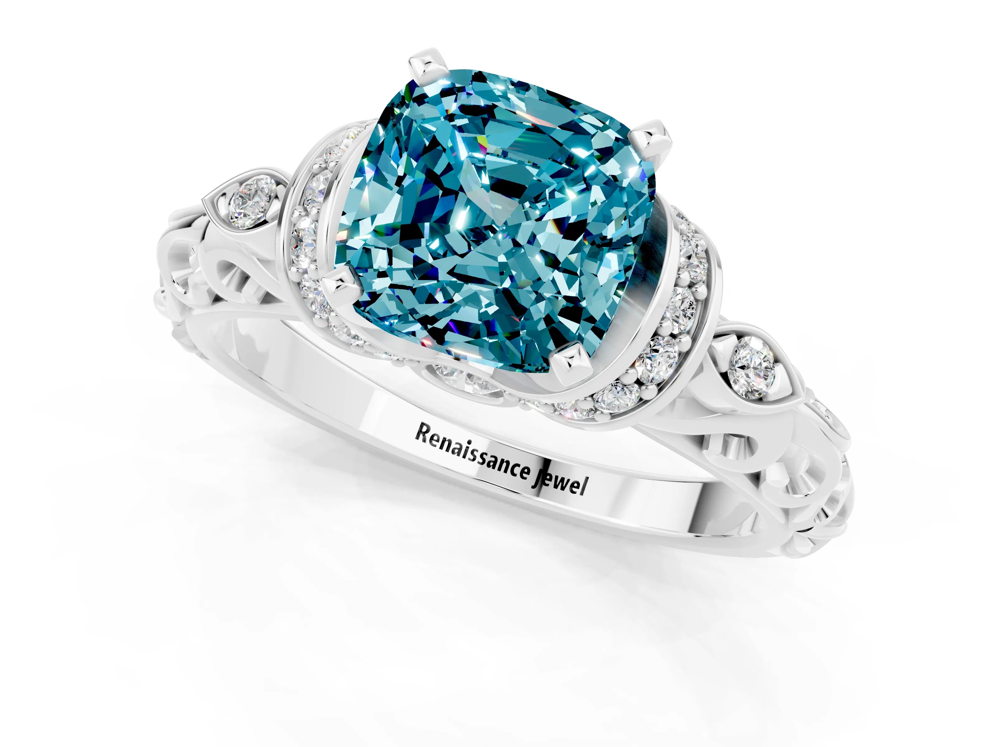 White gold Cushion Cut Blue Topaz Solitaire Ring with Filigree Band and Four-Prong Setting_25