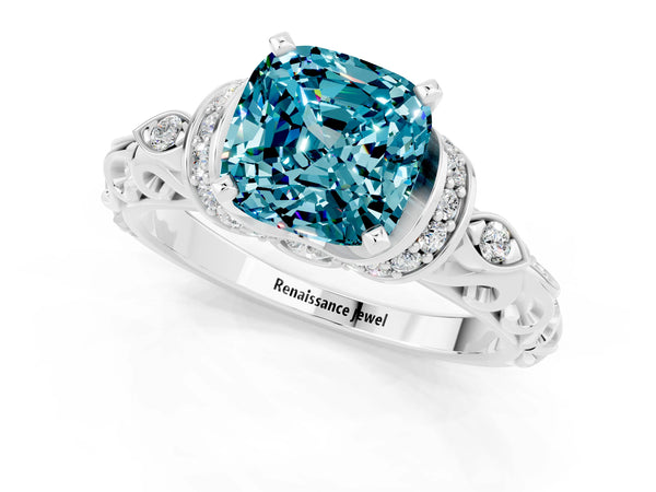 White gold Cushion Cut Blue Topaz Solitaire Ring with Filigree Band and Four-Prong Setting