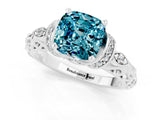 White gold Cushion Cut Blue Topaz Solitaire Ring with Filigree Band and Four-Prong Setting_25