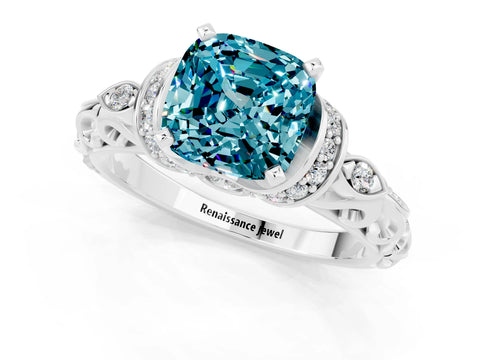 White gold Cushion Cut Blue Topaz Solitaire Ring with Filigree Band and Four-Prong Setting_25