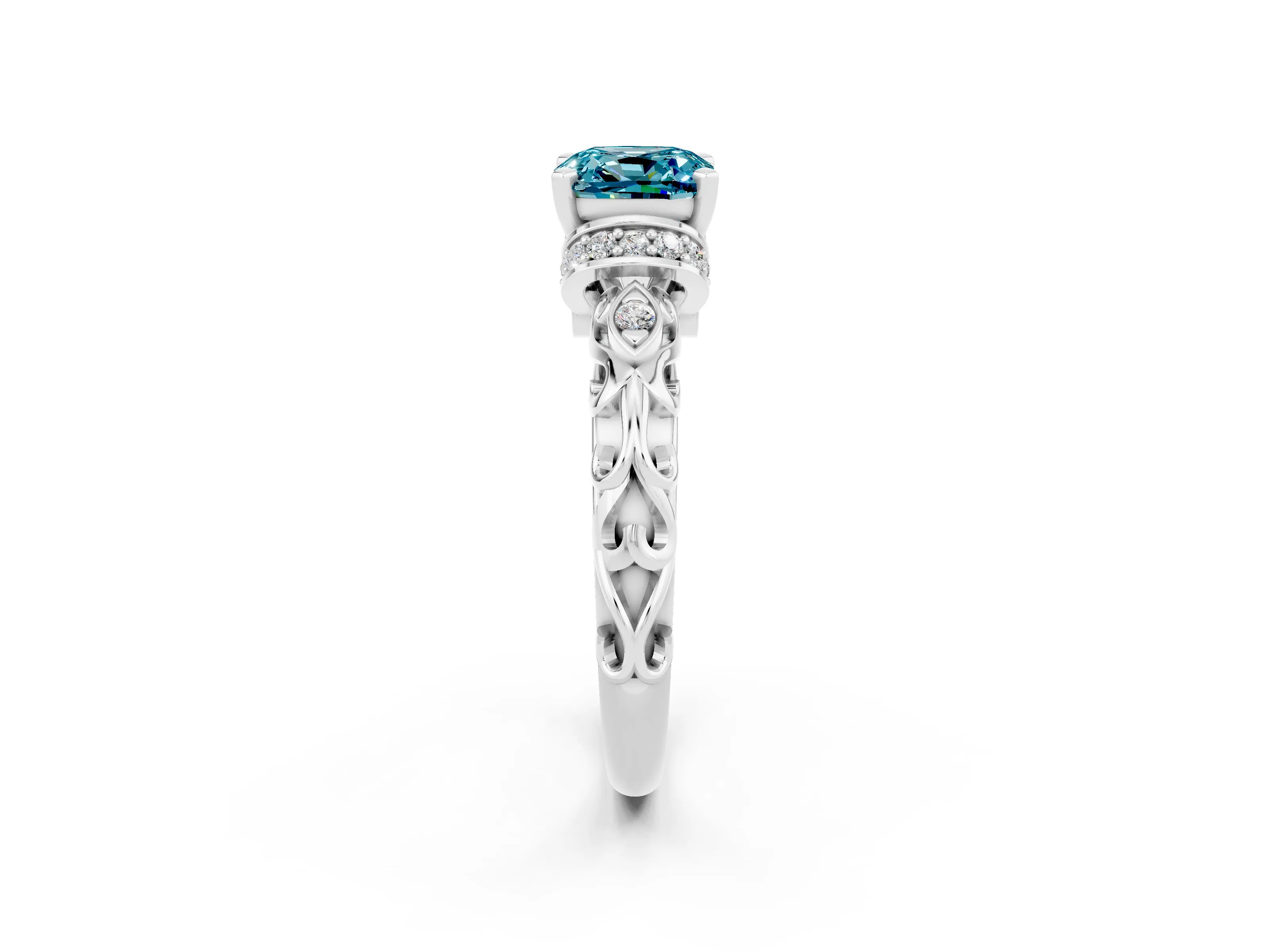 White gold Cushion Cut Blue Topaz Solitaire Ring with Filigree Band and Four-Prong Setting_26
